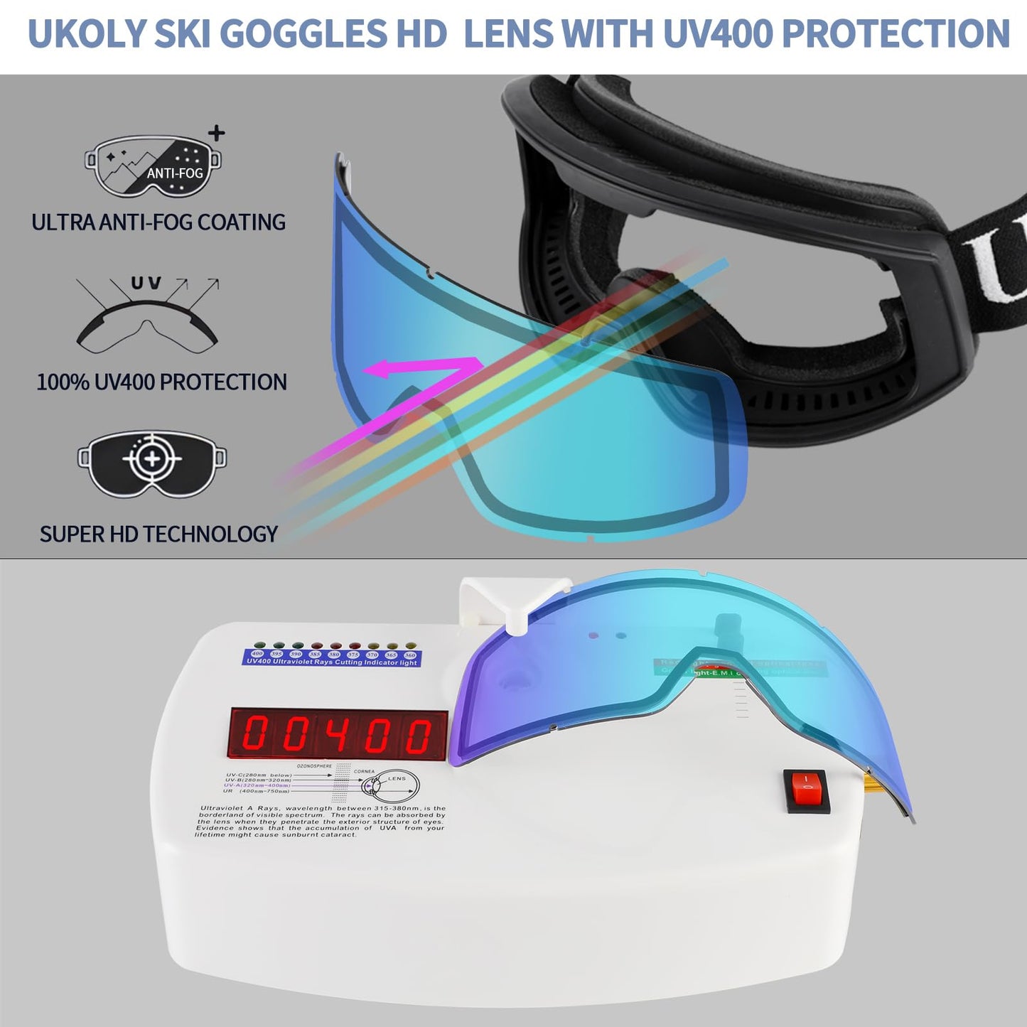 Ukoly Ski/Snowboard Goggles for Men Women, Snow Goggles HD Lens Anti-Fog Coating OTG Design UV400 Protection Windproof (Black Frame HD Photochromic Blue)