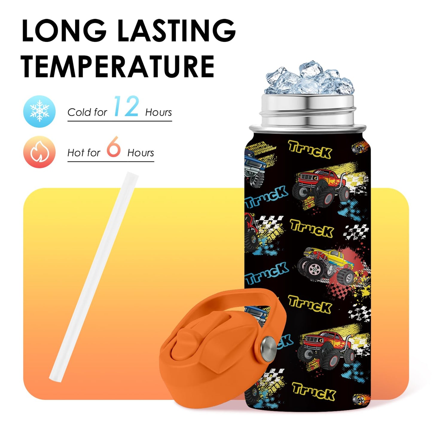 Monster Truck Gifts for Kids, 16oz Boys Water Bottle with Straw Lid, Stainless Steel Insulated Cup, BPA-Free, Leak Proof Kids Water Bottle for Monster Truck Fans, School Travel Birthday Gift (1pc)