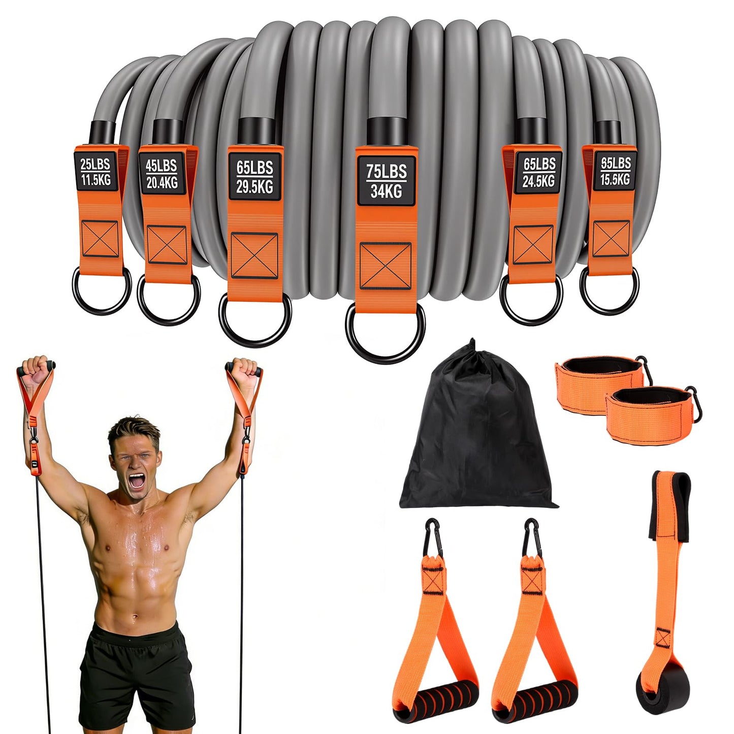 Exercise Resistance Bands Set with Handles, Ankle Straps & Door Anchor – 300LBS Heavy Duty Bands for Home Gym, Muscle Training, Physical Therapy, Yoga, Full Body Workout for Men & Women (Orange Gray)