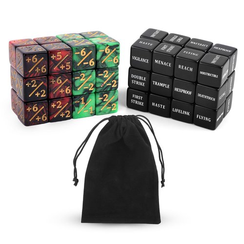 48pcs Abilities Keywords Counter Dice with Velvet Pouch, Acrylic Loyalty Dice Tokens Magic Life Counters Set Creature Stats Buff for MTG TCG Gathering Party Card Gaming Accessories