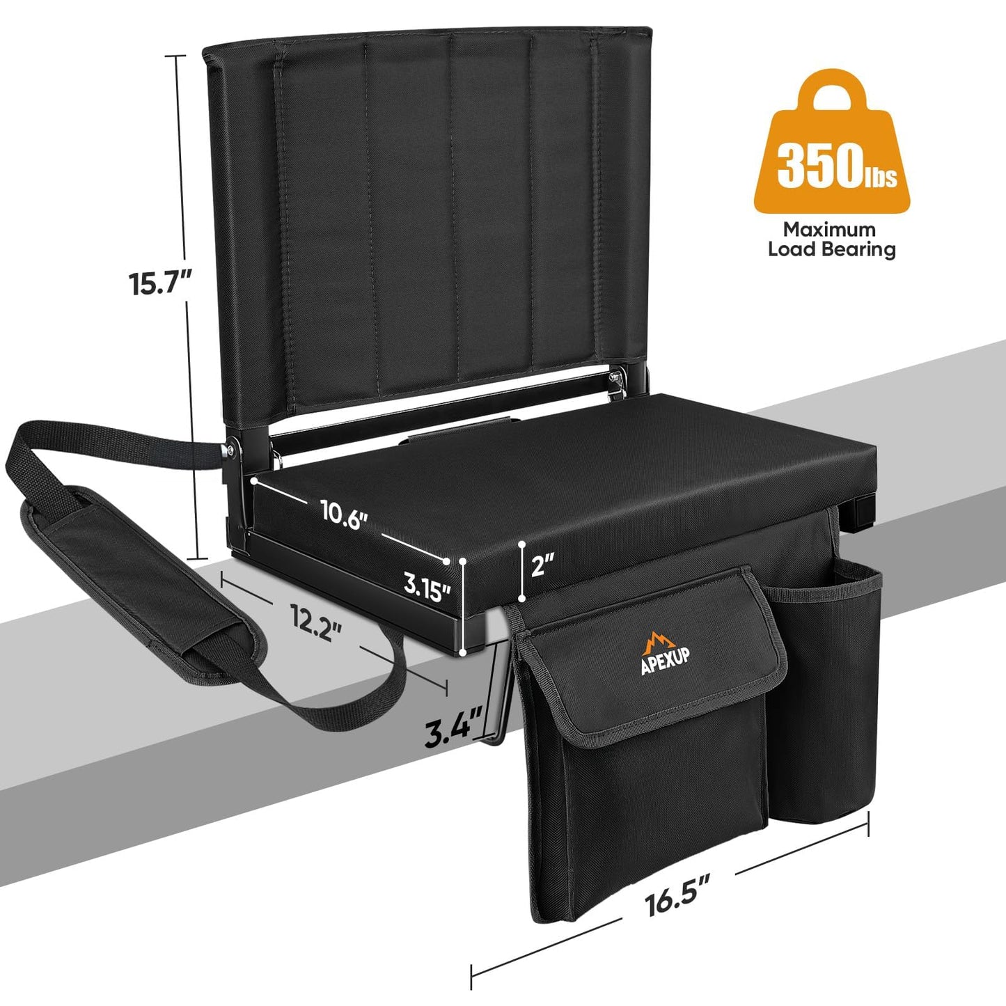 APEXUP Stadium Seats with Back Support, Portable Bleacher Seat with Large Pocket and Cup Holder, Wide Stadium Chair for Sports Events and Concerts (Black)