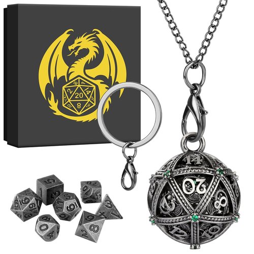 Mini DND Dice Set with Spherical Hollow D20 Metal Case Portable Keychain Necklace, Tiny 7pcs Polyhedral D&D Dice Set, DND Gifts with Gift Box, D&D Accessories for RPG（Green Diamond, Silver）
