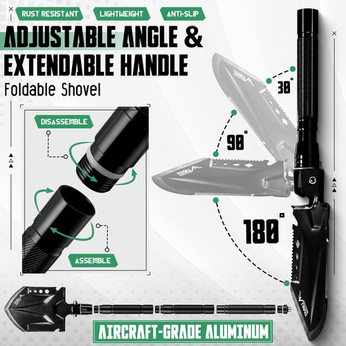 Tivoli Folding Camping Shovel Kit,Multifunctional Survival Shovel with Manganese Steel for Outdoor Off Road, Home Repair,Beach,Car Emergency. Camping Kit with Storage Case,Ideal Gift