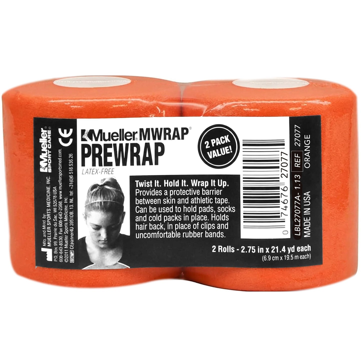 MUELLER Sports Medicine MWrap, Pre Wrap, Athletic Tape Underwrap for Sports, Hair, Ankles, Wrist, Hands and Knees, Water-Resistant, Latex Free, 2.75" x 21.4 Yards Per Roll, 2 Rolls, Orange