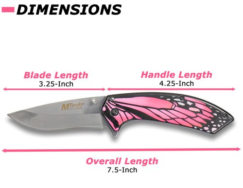 MTECH USA – Spring Assisted Folding Knife – Mirror Polished Blade, Stainless Steel Handle w/Pink Butterfly Design, Pocket Clip, Hunting, Camping, Survival, Tactical, EDC – MT-A1005PK
