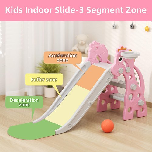 67i Toddler Slide for Indoor & Outdoor Play with Basketball Hoop, Anti-Slip Steps, 46.8in Baby Climber (Pink)