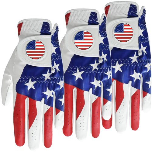Golf Gloves Men Right Handed Golfer Left Hand Leather with Ball Marker Value 3 Pack, Color Leather Glove All Weather Grip Comfortable, Fit Size Small Medium Large XL (USA Flag, Medium, Left)