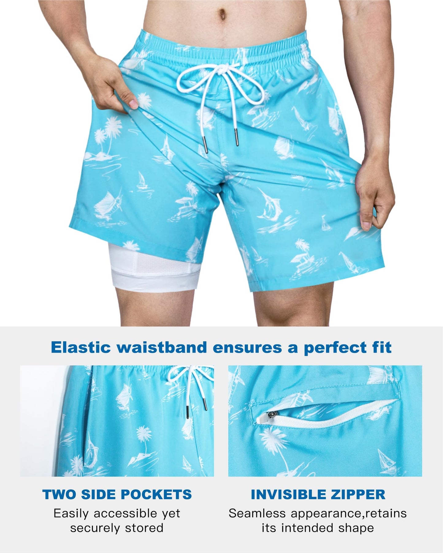 SURF CUZ Mens Swim Trunks with Compression Liner Quick Dry Swim Shorts 7" Swimming Trunks Stretch Bathing Suit 7 Inch,Marlin Leap,S