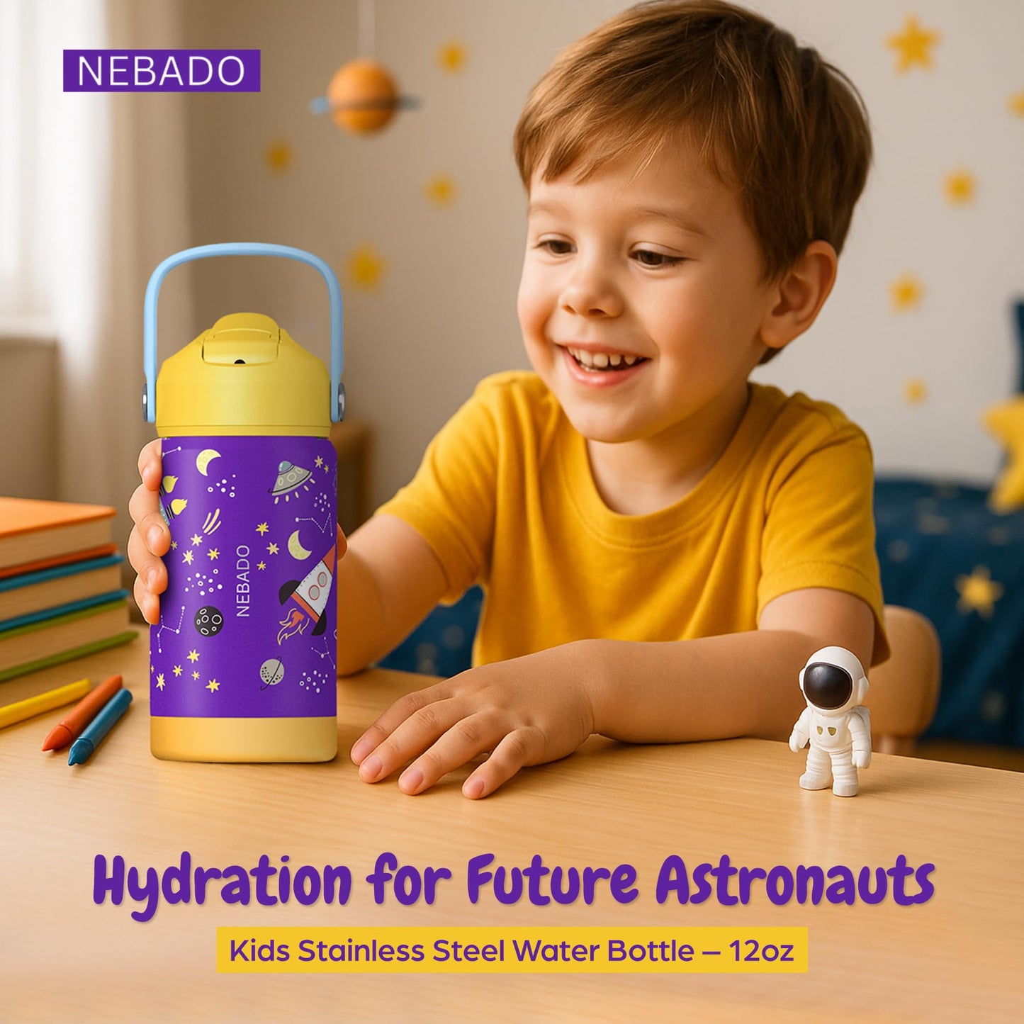 NEBADO Kids Stainless Steel Insulated Water Bottle with Straw 12oz - Leak Proof Toddler Thermos Cup for School, BPA Free with Handle & Non-Slip Silicone Base, Dishwasher Safe, Cosmic Purple