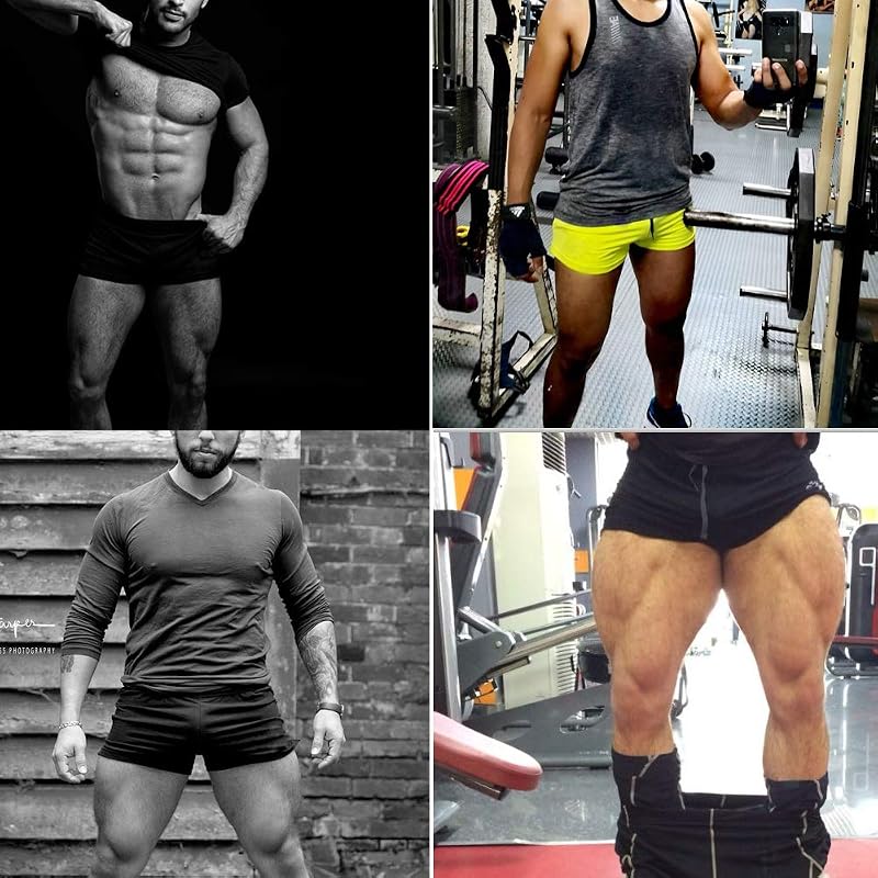 Palglg 3 Inseam Mens Bodybuilding Shorts Drawstring Cotton No Pockets Black+Blue (Medium) Variation