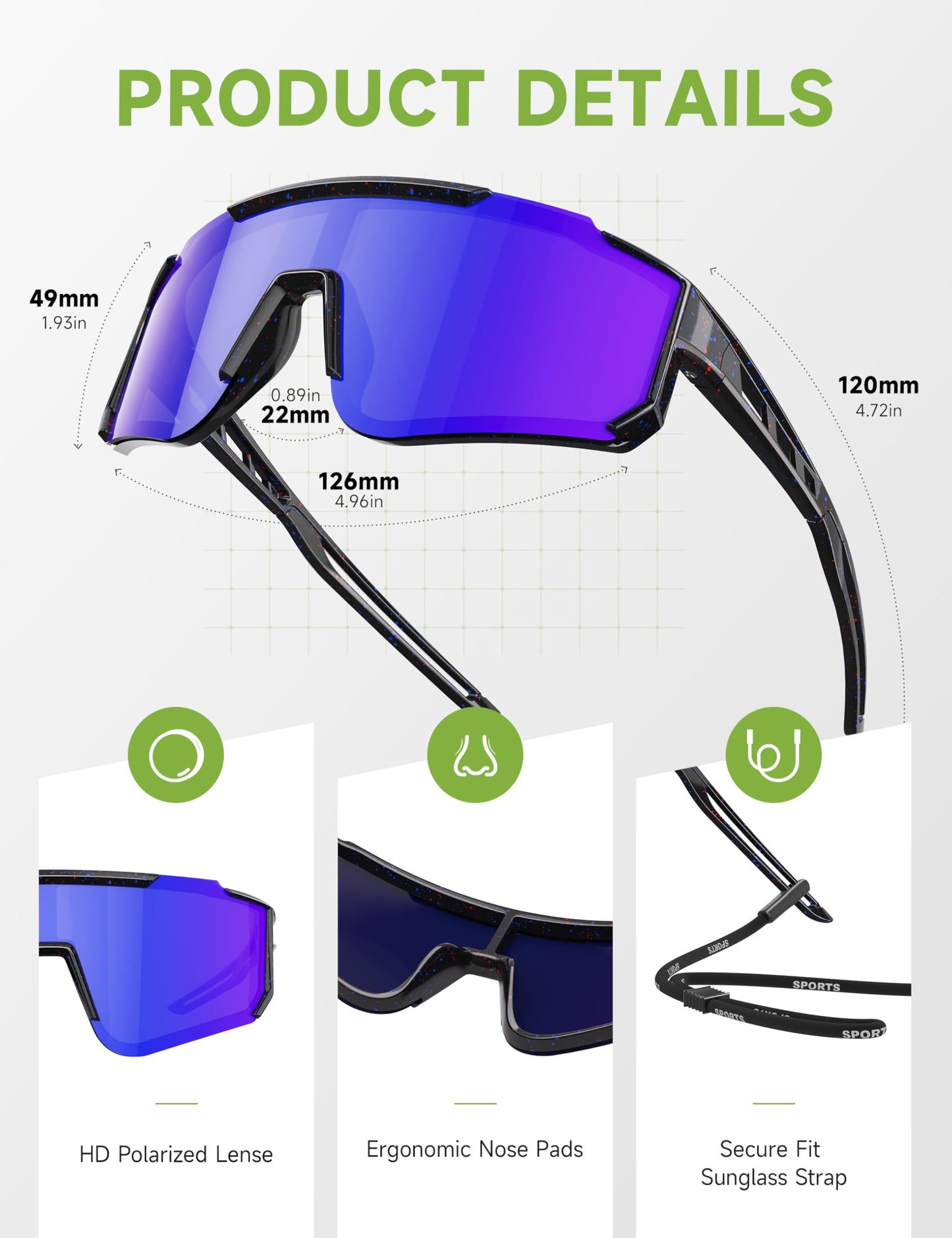 Foliful Kids Polarized Baseball Sunglasses for Boys Girls - Youth Softball Cycling Sports Sunglasses UV Protection Lightweight Goggles, Grey/Green/Red