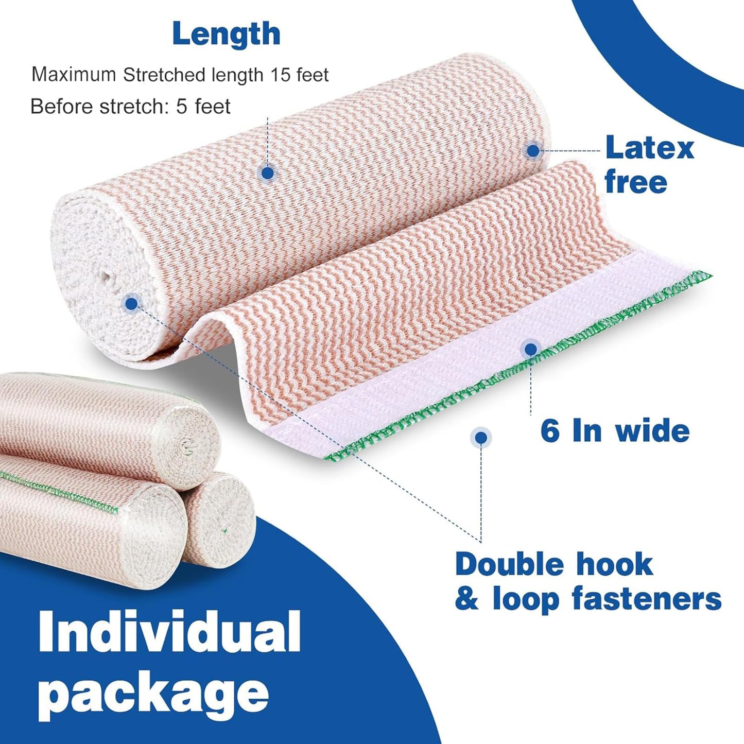 AZEN Premium 2 Pack Elastic Bandage Wrap 6 Inch, Compression Wrap Bandage for Legs, Ankle, Knee, Tummy, Body, Latex-Free, Lymphedema Wraps for Legs