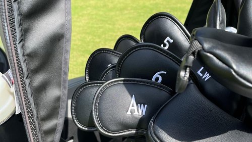 All Teed Up Premium Magnetic Leather Iron and Wedge Golf Club Head Covers | Set of 10 | Fits Most Clubs | Embroidered Club Label on Both Sides of Club Head Cover