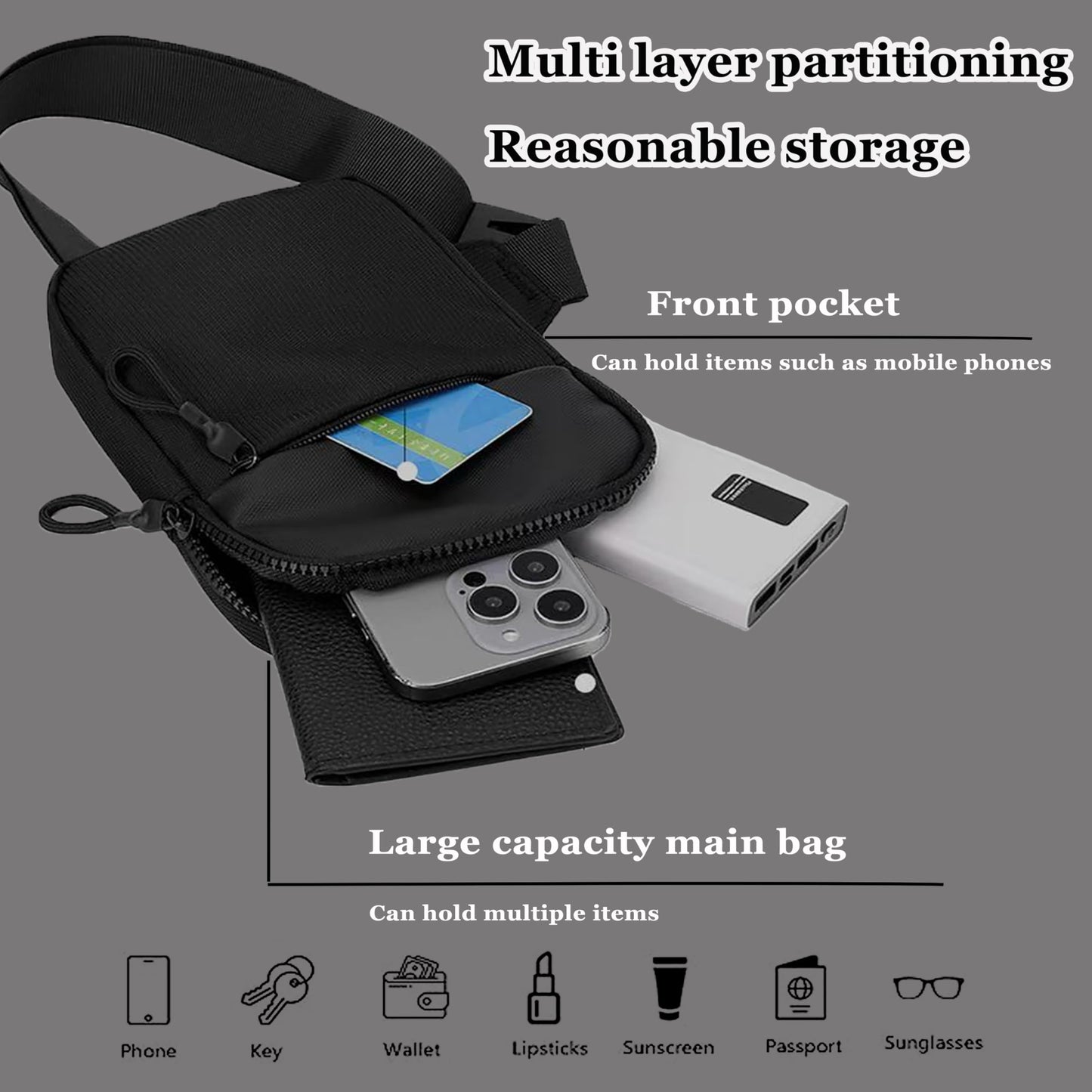 Men's and Women's Mini Sling Bag - Double Pocket Waterproof Crossbody Bag, Suitable for Hiking and Sports Running Backpacks