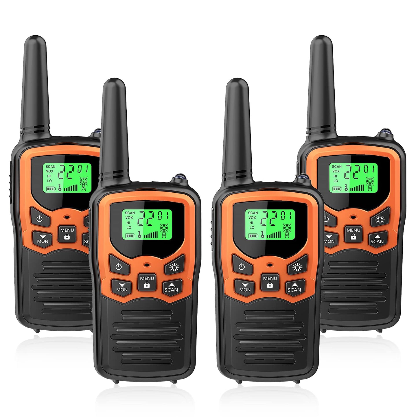 Walkie Talkies with 22 FRS Channels MOICO Walkie Talkies for Adults with LED Flashlight VOX Scan LCD Display, Long Range Family Radios for Hiking Camping Trip (Orange, 4 Pack)