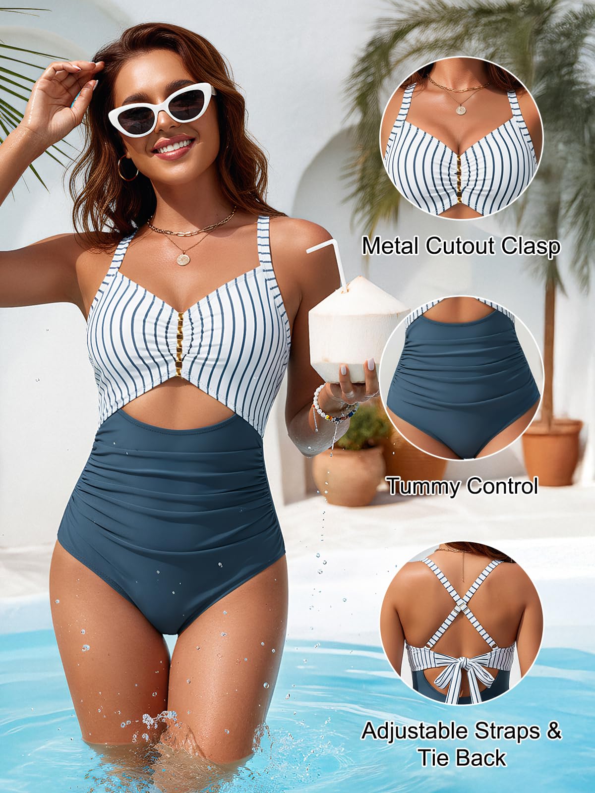 Blooming Jelly Womens Tummy Control One Piece Swimsuits Full Coverage Long Torso Bathing Suit Modest Curvy Swimwear (L, Blue Striped)