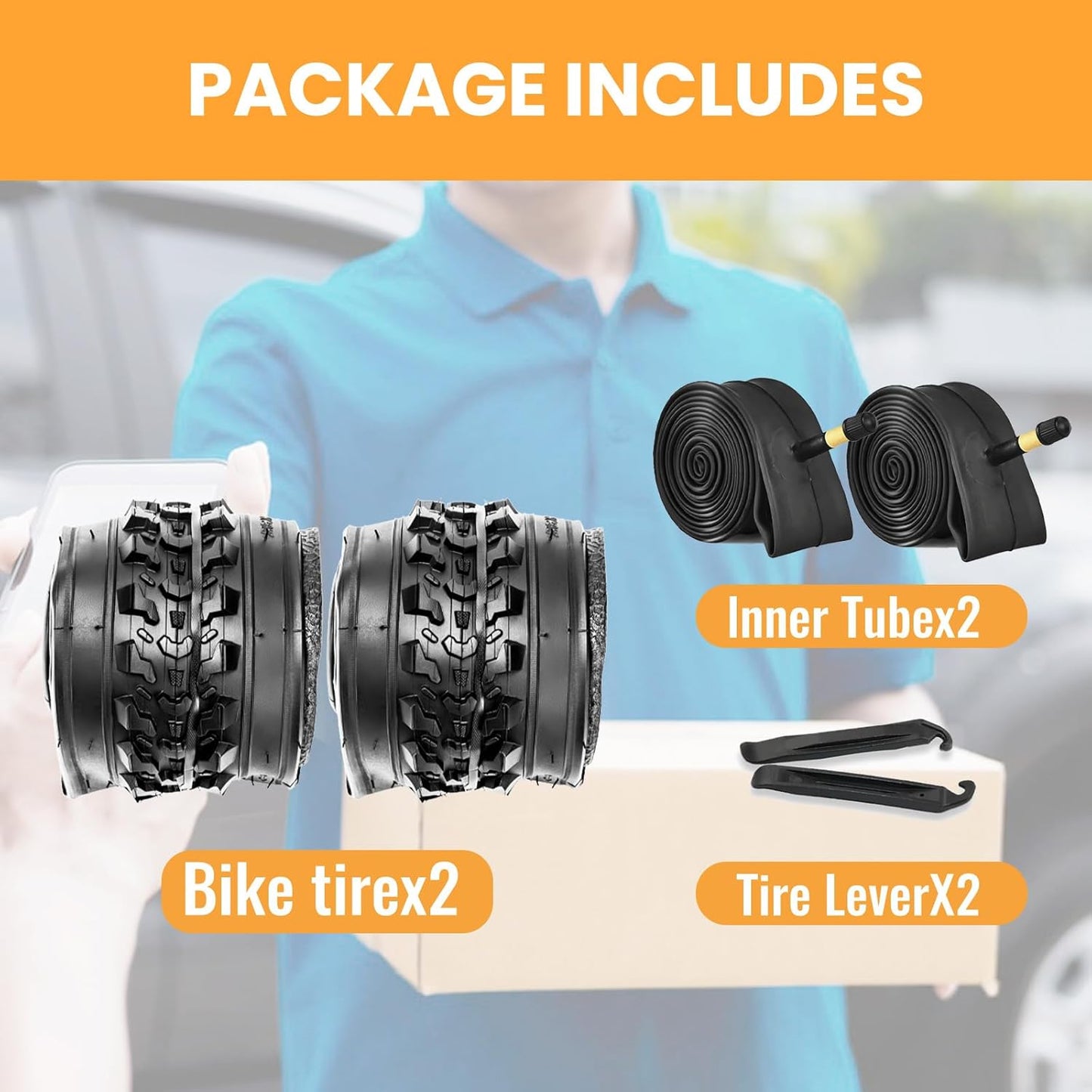 Hycline Mountain Bike Tires Set: 2-Pack 20/24/26x2.125 Inch Folding Replacement High-Density Bicycle Tires and Pair Inner Tubes with Tire Levers Compatible for Street & Off-Road Riding