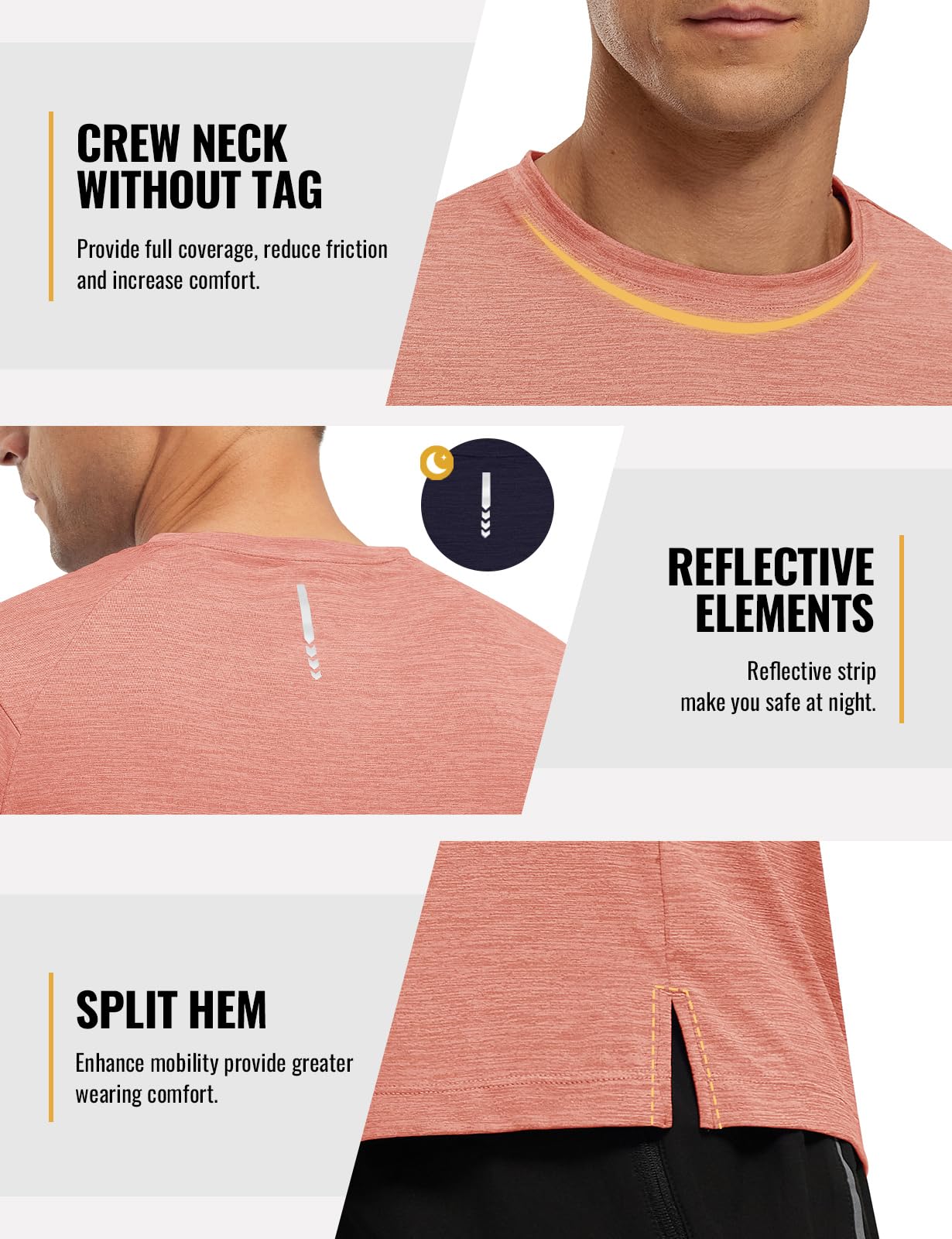 Rdruko Men's Workout Shirts Moisture Wicking Dry Fit Short Sleeve Lightweight UPF 50+ Athletic Running Gym Active T Shirts,Orange Powder,L