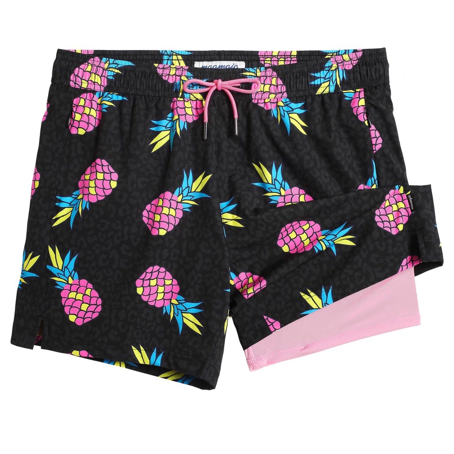 maamgic Mens Swim Trunks with Compression Liner 5 Inch, Quick Dry Bathing Suit with Zipper Pockets, Stretch No-Chafing Swim Shorts, Gray Lepoard x Pink Pineapple X-Small