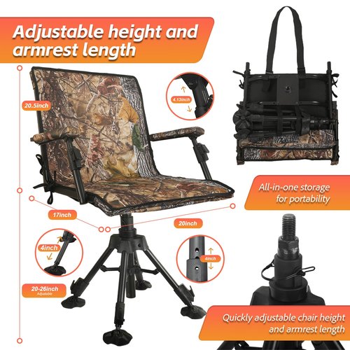 FUNHORUN Hunting Chair with Removable Camouflage Cover, 360 Degree Silent Swivel Hunting Seat with Adjustable 4 Legs Height and Armrests, Tool-Free Foldable Ground Blind Chair, Portable Seat