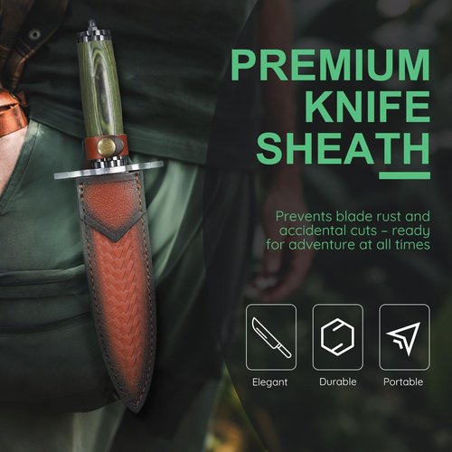 FUSIONKEI Fixed Blade Knife with Leather Sheath, Survival Camping Damascus Feather Knives D2 Steel with Green Pakkawood Handle, Full Tang Bushcraft for Outdoor Use