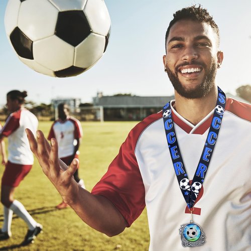 Seenelling 12 Pcs Soccer Medals Trophy Silver Metal Sport Ball Award Medals with Ribbon for Participation Sports Themed Party Favors