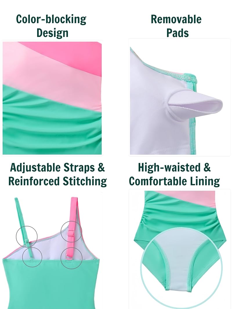 Tween Girls Padded One-Piece Swimsuit - Fluorescent Green 13-14 Years (Removable Pads, Adjustable Straps)