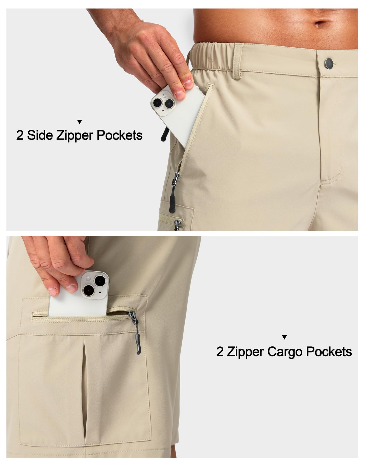 Pudolla Men's Hiking Cargo Shorts Lightweight 7" Travel Casual Shorts for Men Golf Work Outdoor with 5 Zipper Pockets(Khaki Large)