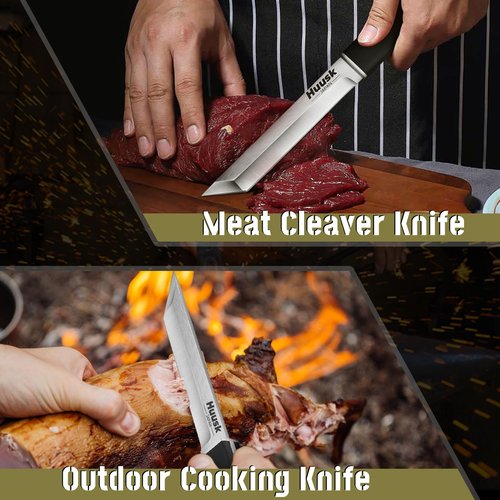 Huusk Japanese Fixed Blade Knife - Tanto Samurai Knife with Sheath - Full Tang Survival Knives with Wood Handle - Bushcraft knives for Outdoor Camping BBQ, Gifts for Men