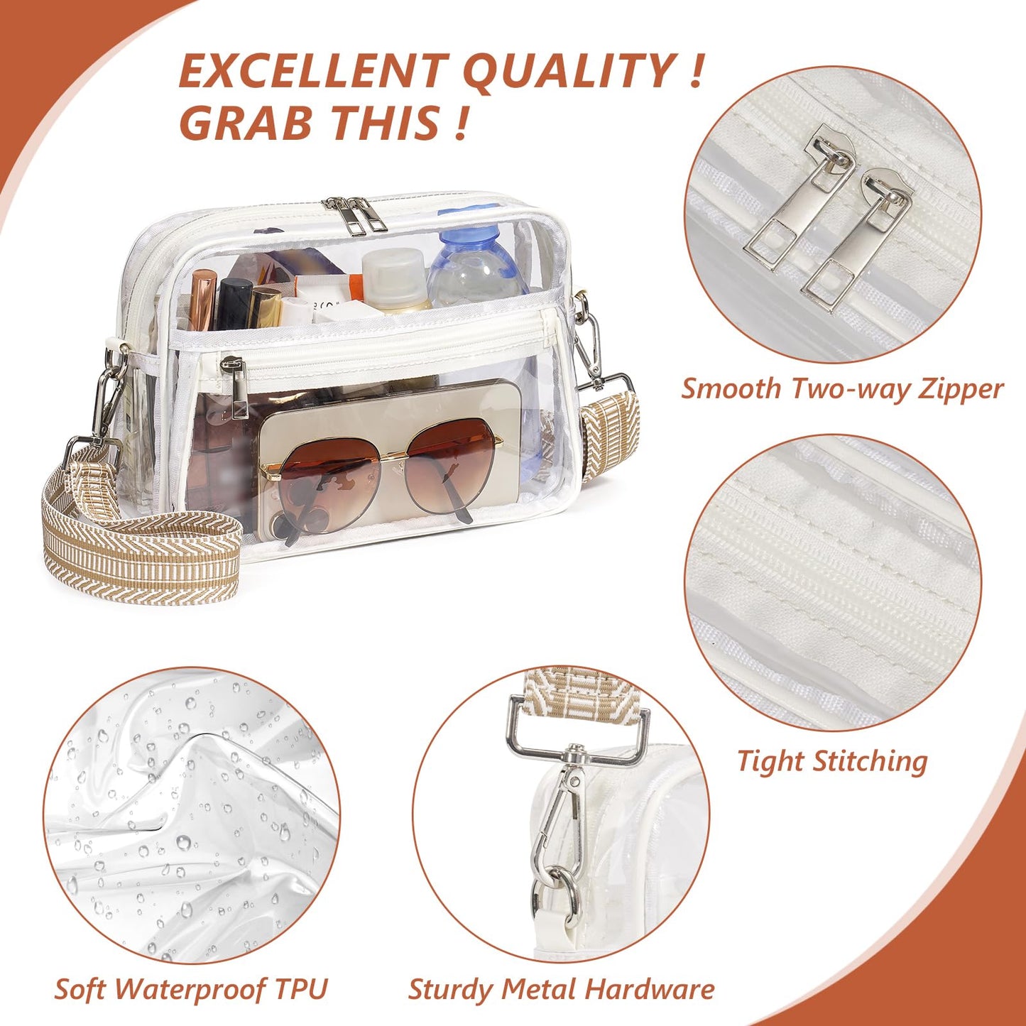 QOECI Clear Bag for Stadium Events, White Clear Bags for Stadium Approved, Transparent Purses for Women With 2 Extra-Long Detachable Straps For Concerts Sports