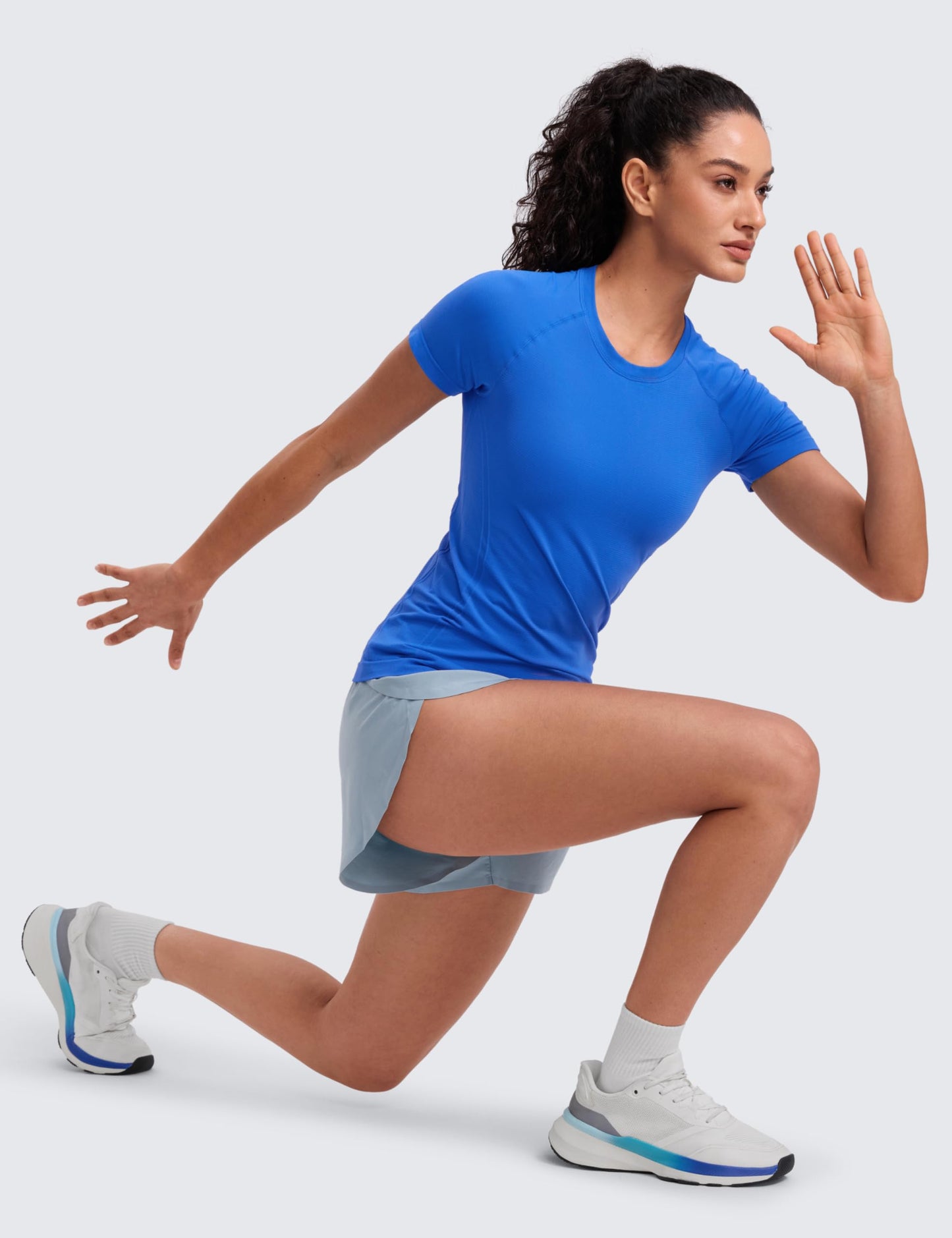CRZ YOGA Seamless Workout Tops for Women Hip Length - Athletic Running Gym Yoga Short Sleeve Shirts Breathable Crewneck Tees Sparkle Blue XX-Small