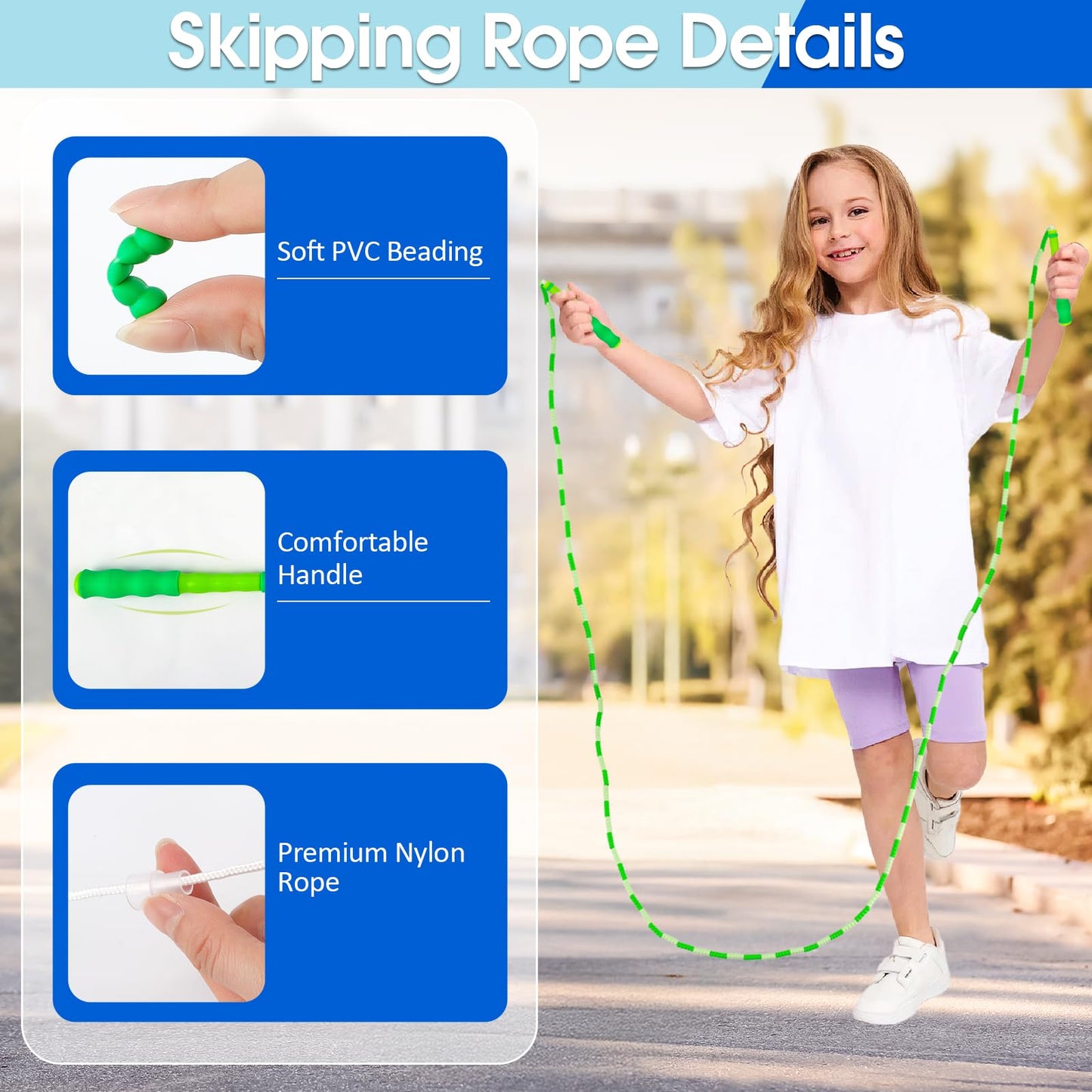Jump Rope for Kids, 9 Ft Adjustable Jump Ropes for 4 5 6 7 8 10 12, Segmented Soft Beaded Jumping Rope Age 8-12, Tangle Free Skipping Rope for Women Man Fitness Weight Loss - Green, Pink, Blue