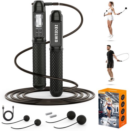 ZECELIKO Smart Jump Rope with LED Display and Jump Counter, Weighted Cordless Design for Home Gym & HIIT, Adjustable Steel Wire for Fitness, Tracks Jumps, Calories & Time, for Men, Women & Kids