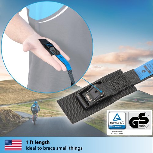 valonic ANT - Short Lashing Strap, Padded, 4 Pieces, 1 ft, 350lbs Breaking Strength, cam Buckle, Black - tie Down Straps for Bike Rack