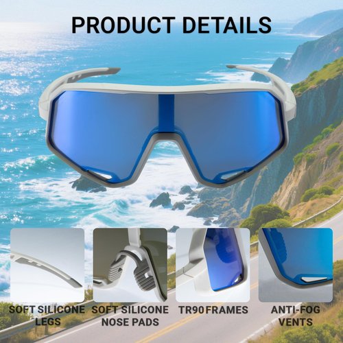 Sport Running Glasses for Women & Men UV400 Blue Lenses White Lightweight TR90 Frame, Multi-Sport Eyewear for Running Cycling Baseball Volleyball Mountain Biking Anti-Fog Vents