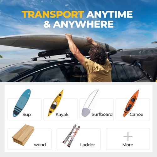 BougeRV Soft Roof Rack Pads Surfboard Car Rack for SUP Kayak Canoe Ladder Luggage Carrier, Universal for Different Shape of Cross Bars, Water-Resistant Crossbar Pads with 2 Endless Ratchet Straps