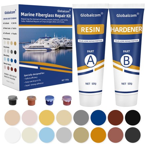 Globalcom Fiberglass Boat Repair Kit, (Color Match) Gel Coat Repair Kit for Boats, Marine Fiberglass Repair Kit for Boats, Epoxy Filler for Boats, Fiberglass Repair Kit Fix Holes Chips Pit Cracks