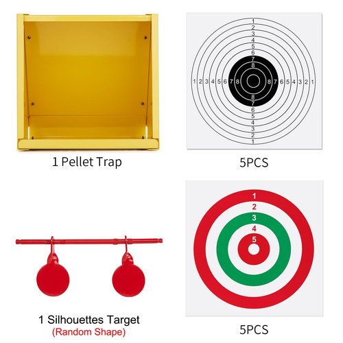 GearOZ BB Gun Target Trap, Airsoft Target, Pellet Gun Target with 10pcs Paper Targets, Resetting Metal Silhouettes Shooting Targets for Backyard, Outdoor, Indoor, Small Size, Yellow