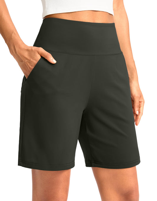 G Gradual Women's Bermuda Long Shorts with Pockets 7" High Waisted Knee Length Shorts for Women Walking Athletic Workout(Olive-L7,S)