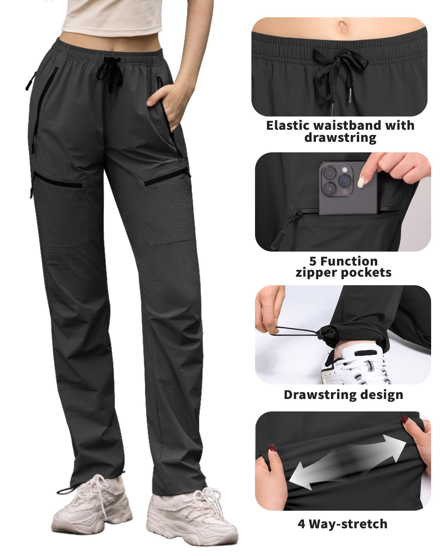 FLEFRM Hiking Pants Women Waterproof Quick Dry Insteam 29" Water Resistant Lightweight Stretch Active Cargo Pants with 5 Pockets Good for Travel, Black, L