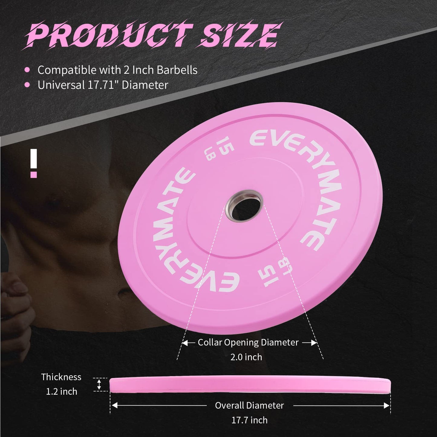 EVERYMATE Pink 15LB Olympic Bumper Plates Set, 2 Inch Bumper Plates for Cross Training and Weightlifting