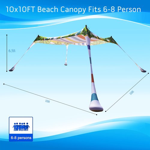 SUNWISHA Beach Tent Sun Shelter 10x10FT, Portable Shade Canopy UPF 50+, with 4 Aluminum Foldable Poles, Protection Beach Shade Canopy, Camping, Fishing, Picnics, Backyard Picnics