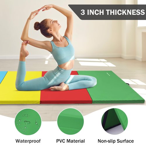 Folding Exercise Aerobics Mat, 4'x10'x3" Extra Thick High Density Anti Tear Gymnastics Gym Folding Exercise Aerobics Mats for MMA, Stretching, Cheerleading Martial Arts, Gymnastic, Multi-Color