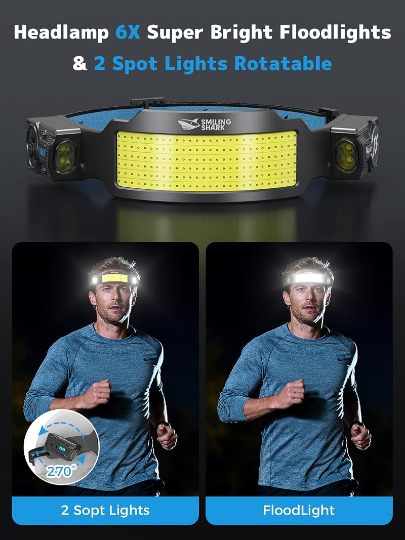 2 Pack Smiling Shark TS-6 Headlamp with 6x Flood & Dual Spotlight, Rechargeable 2400mAh
