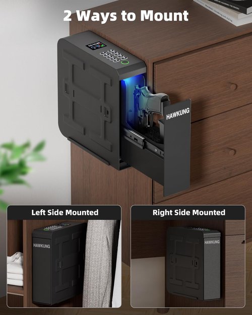 Gun Safe, Slider Biometric Gun Safe for Handgun Mounted Single Bedside Pistol Case with 3 Ways Quick Access Gun Lock Box for Nightstand, Bed, Desk, Wall, Dresser