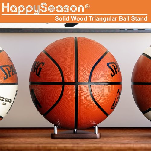 Happyseason 2-Pack Wood Football Stand, Basketball Stand with Stainless Steel Rods, Soccer Ball Holder, Volleyball Holder, Round-Edge Rack for Balls, Easy to Assemble (Brown)
