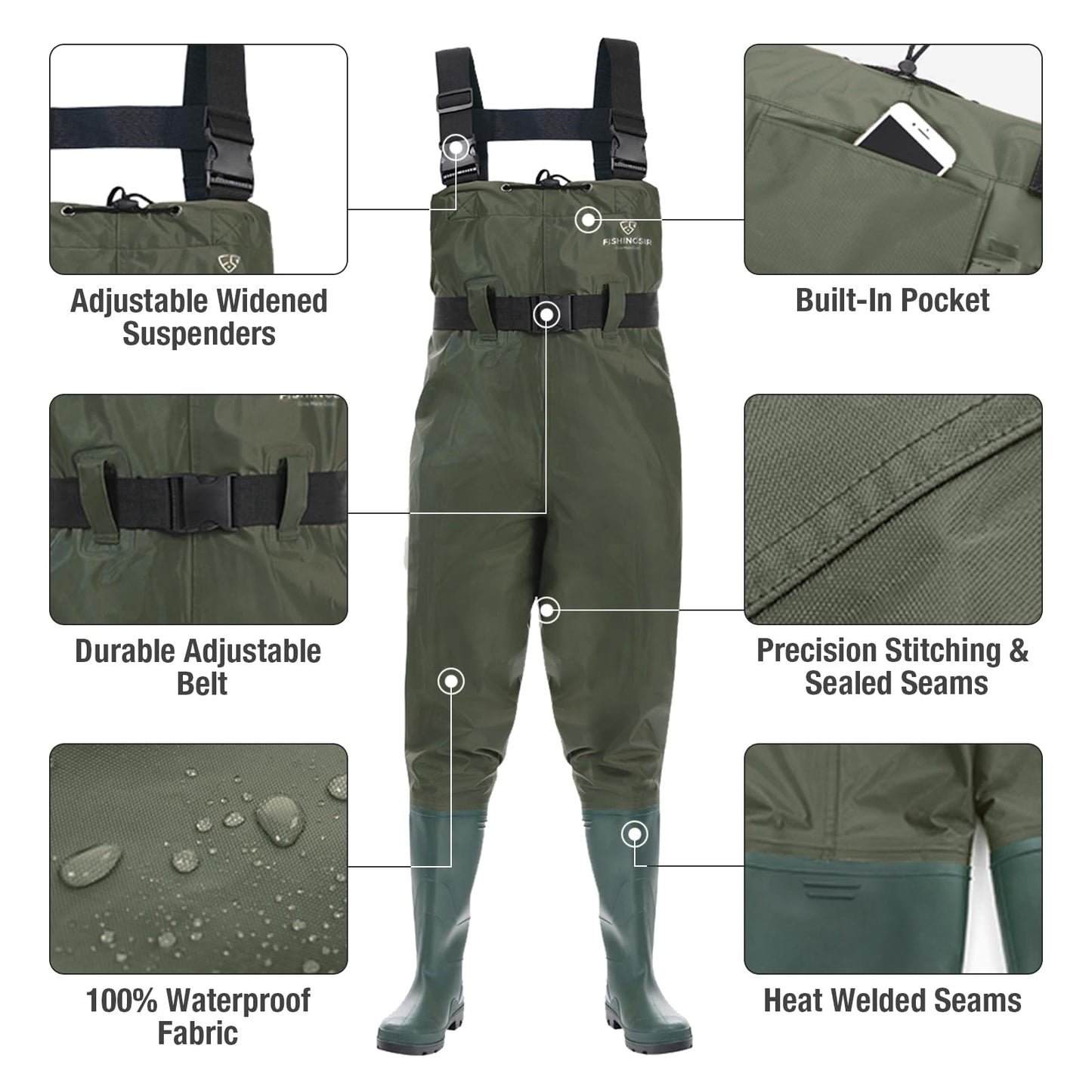 FISHINGSIR Fishing Waders for Men, 2-Ply Nylon/PVC Waterproof Women Chest Wader with Boots, Bootfoot Hunting Waders Green