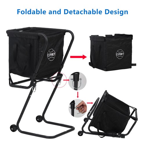 CEPHKY Portable Tennis Ball Hopper with Wheels, Foldable Ball Caddy Holder for Baseball, Pickleball, Softball and Tennis Balls, Large Capacity Basket for Easy Storage & Transport, Holds 100-150 Balls