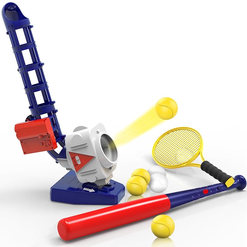 2-in-1 RC Pitching Machine for Baseball & Tennis (Navy Blue) – Includes Bat, Tennis Racket & 6 Balls