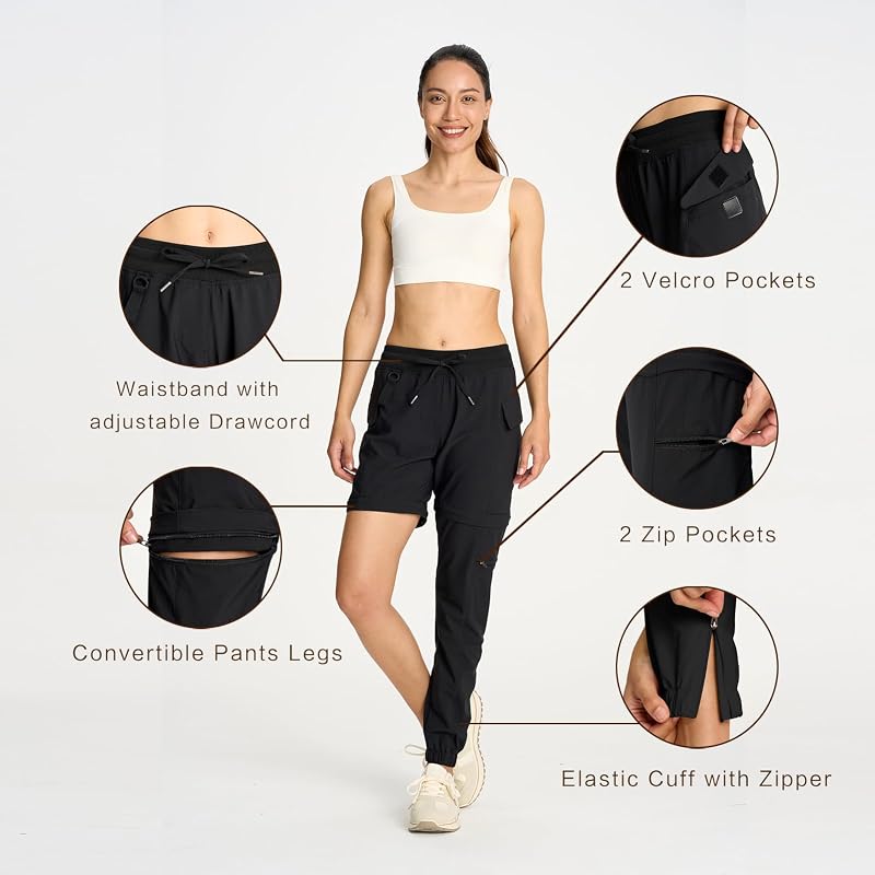 Smawell Convertible Hiking Pants - Lightweight Water-Resistant Joggers with 4 Pockets, Black, Medium